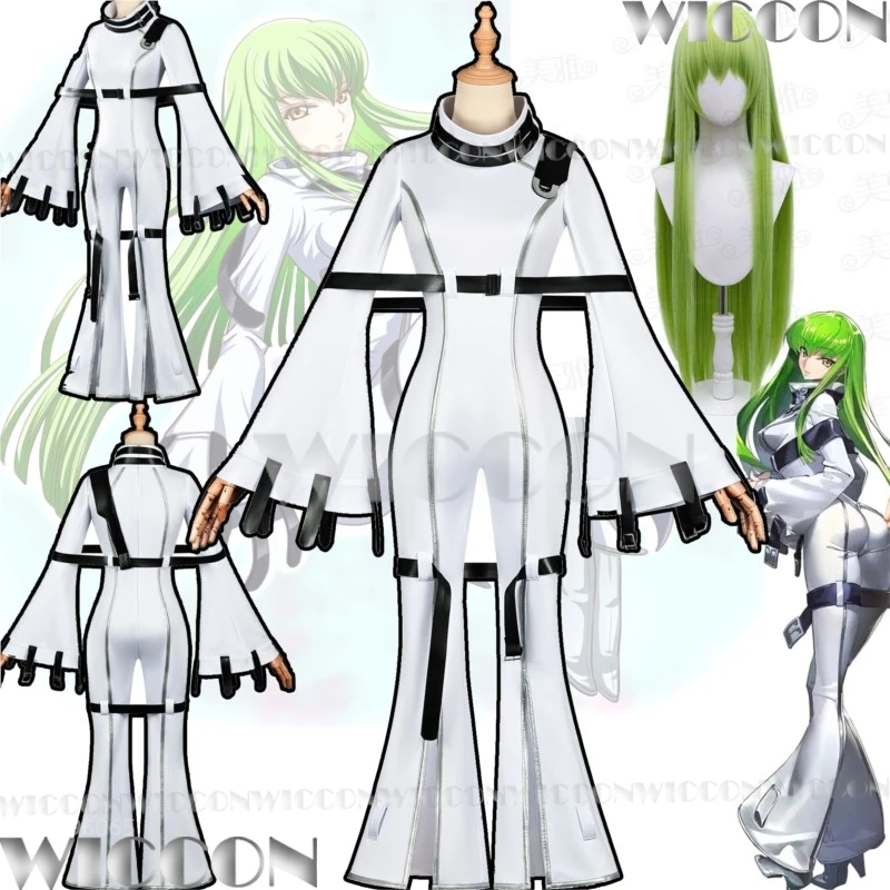 C.C. Аниме Код Косплей Костюм Гиас Комбинезон Опора Длинный Зеленый Парик Белая