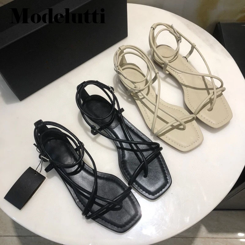 

Modelutti 2022 New Spring Summer Fashion Genuine Leather Thin Belt Straps Flat Sandals Women Solid Simple Casual Shoes Female
