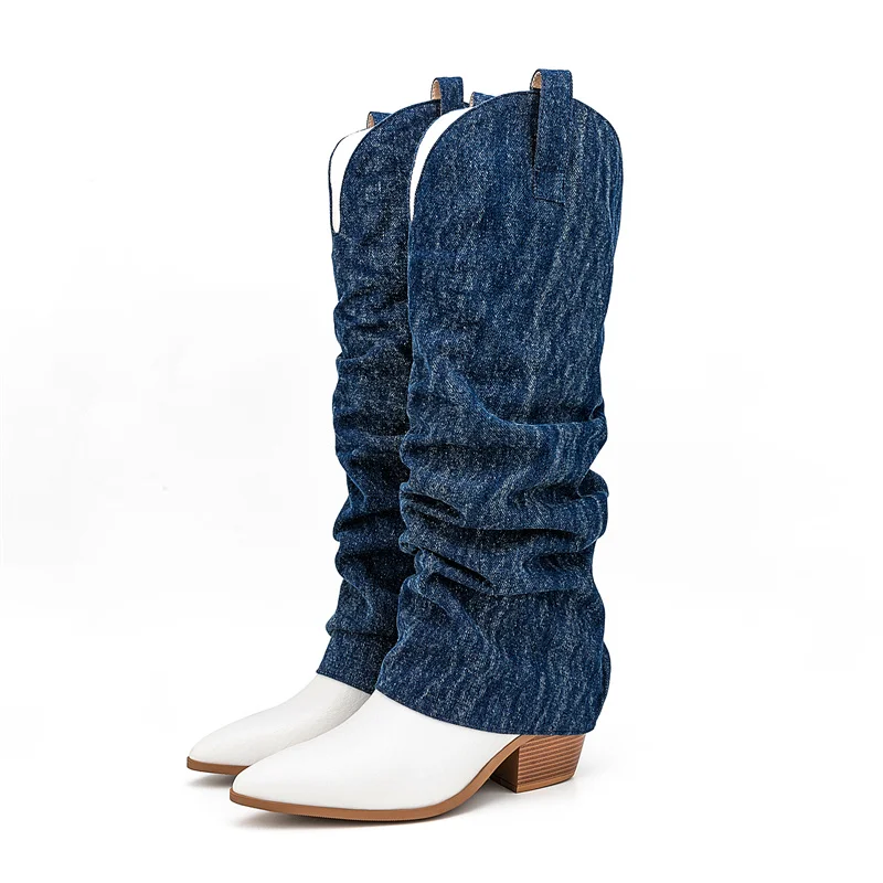 Pointed Toe Thick Heel Cowboy Boot Women Retro Autumn and Winter Europe and America Trouser Leg Boots Not Above Knee Boots Women