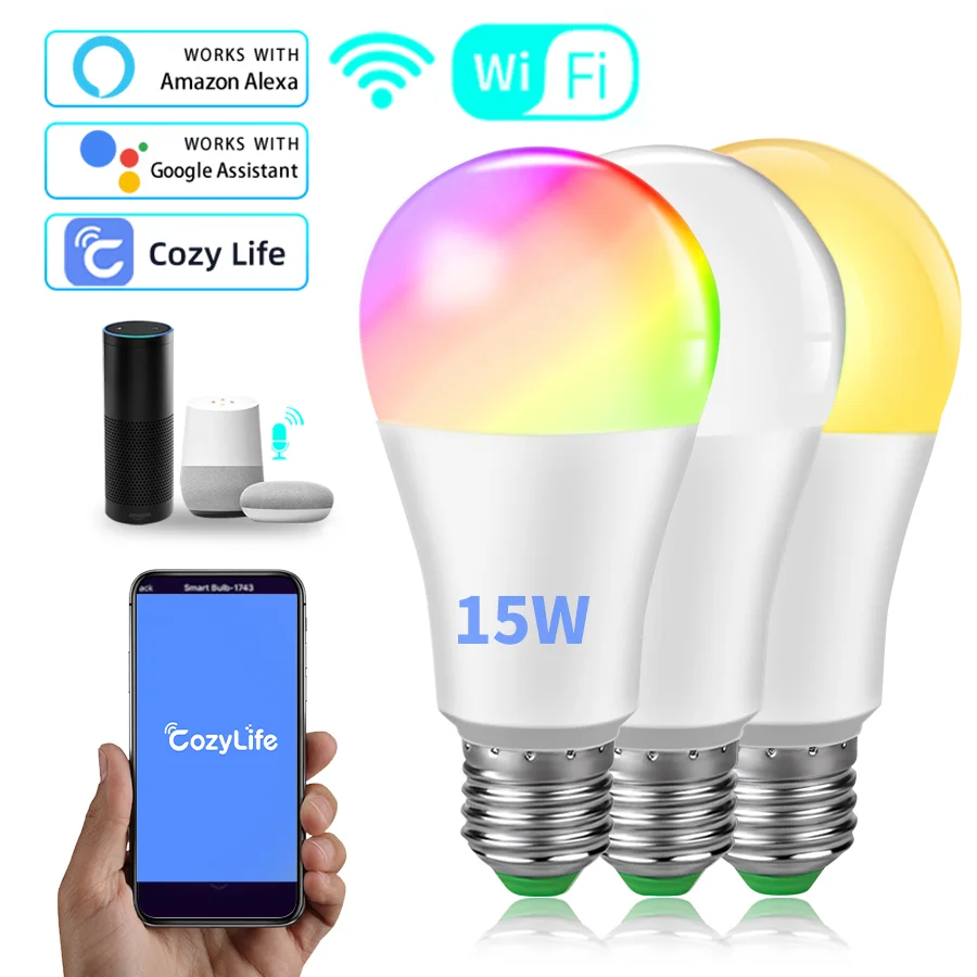 

Wifi Smart Bulb E27 Led Lamp Light Bulb Alexa Google Assistant 15W RGB White 220V 110V Cozylife Voice Control Lighting For Home