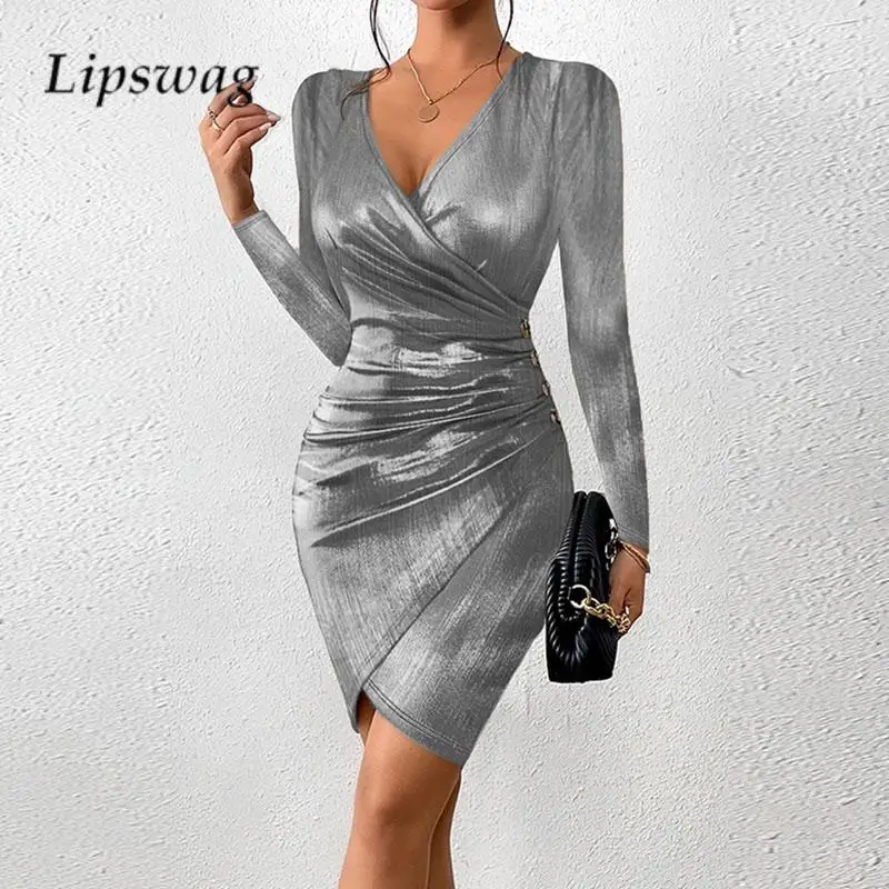 

Fashion V Neck Bodycon Party Dress Women Sexy Solid Color Waisted Pleated Dress Elegant Long Sleeve High Waist Wrap Hip Dresses