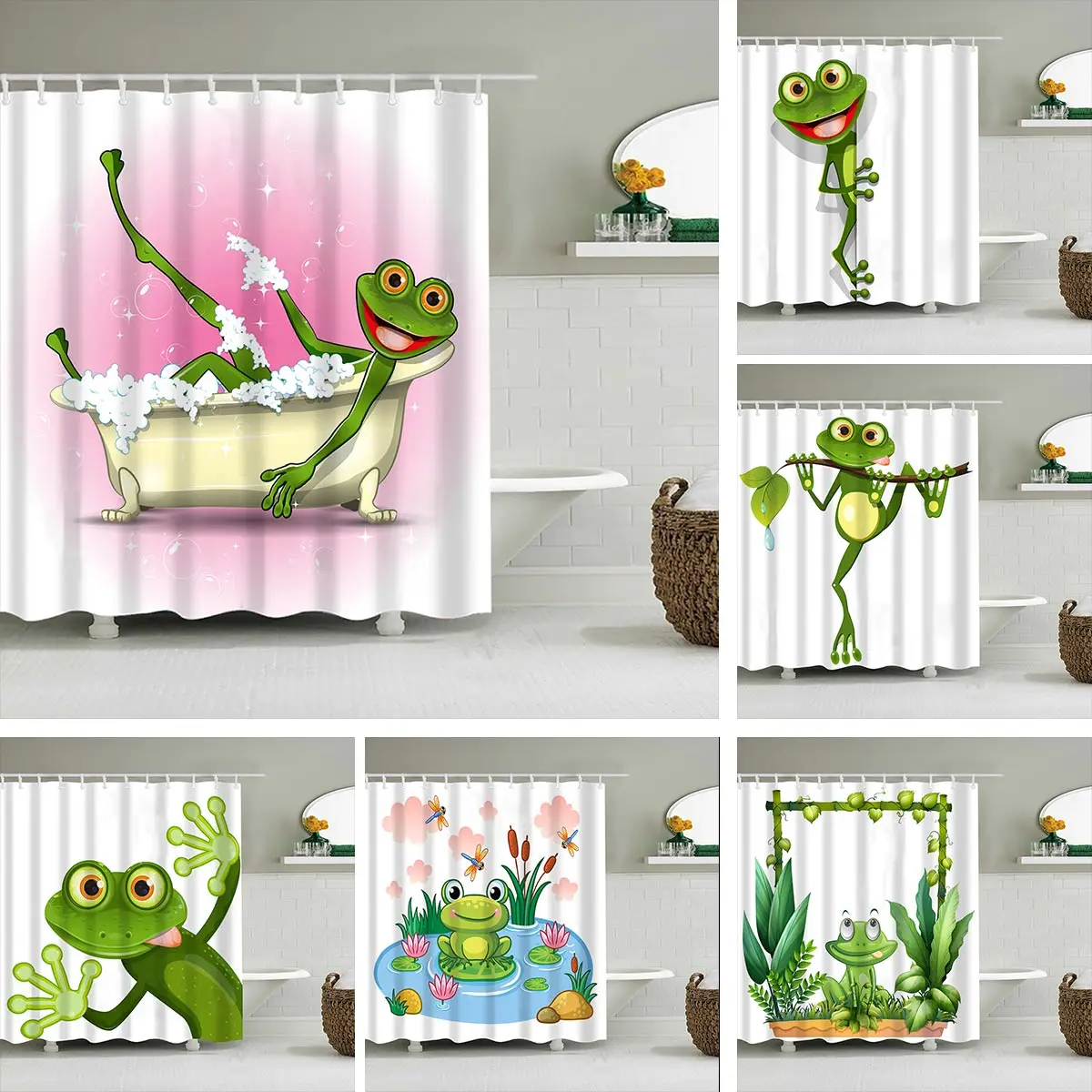 

Frog Print Shower Curtain Childish Funny Cartoon Artwork Polyester Waterproof Fabric Bathroom Shower Curtain With Hooks