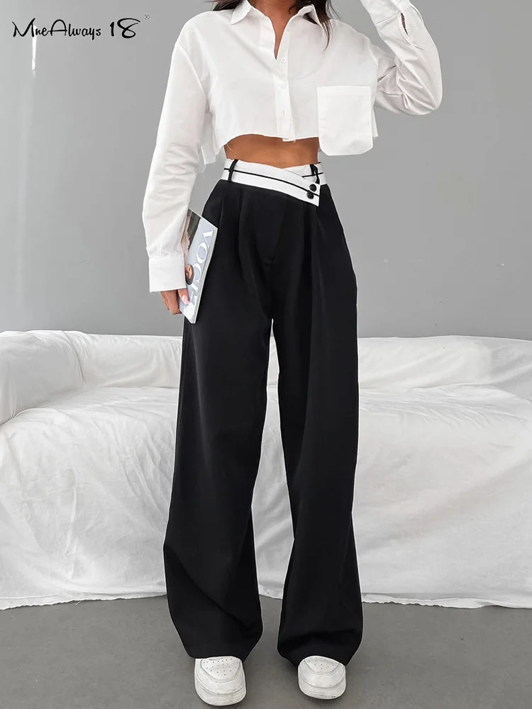 

Mnealways18 Patchwork Wide Leg Pants Women Black Contrast Casual High Waist Pants Spring Summer 2023 Baggy Trouser Office Ladies