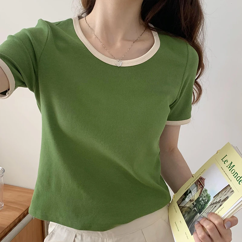 

New Cute Candy Color Screw Thread Short Sleeve T-shirts Women Casual Patchwork O-neck Slim Tees Korean Female Summer Short Top