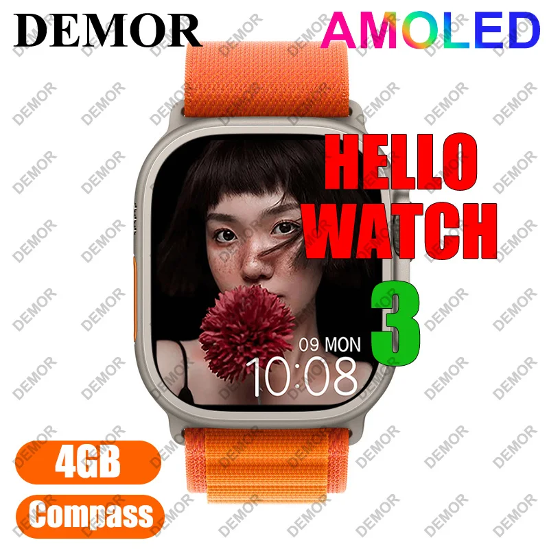 

2023 DEMOR Hello Watch 3 AMOLED 4GB Smart Watch H12 Ultra Upgrade Compass IWO Series 8 49mm Heart Rate Monitor H3 Smartwatch Men