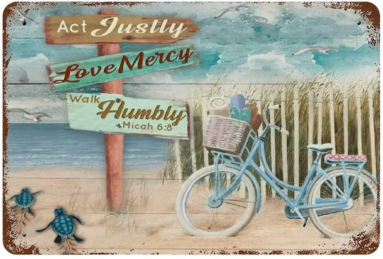

Dreacoss Metal Tin Sign Retro Bicycle and Beach Act Justly Love Mercy Walk Humbly Inspirational Poster Vintage Wall Art Garden