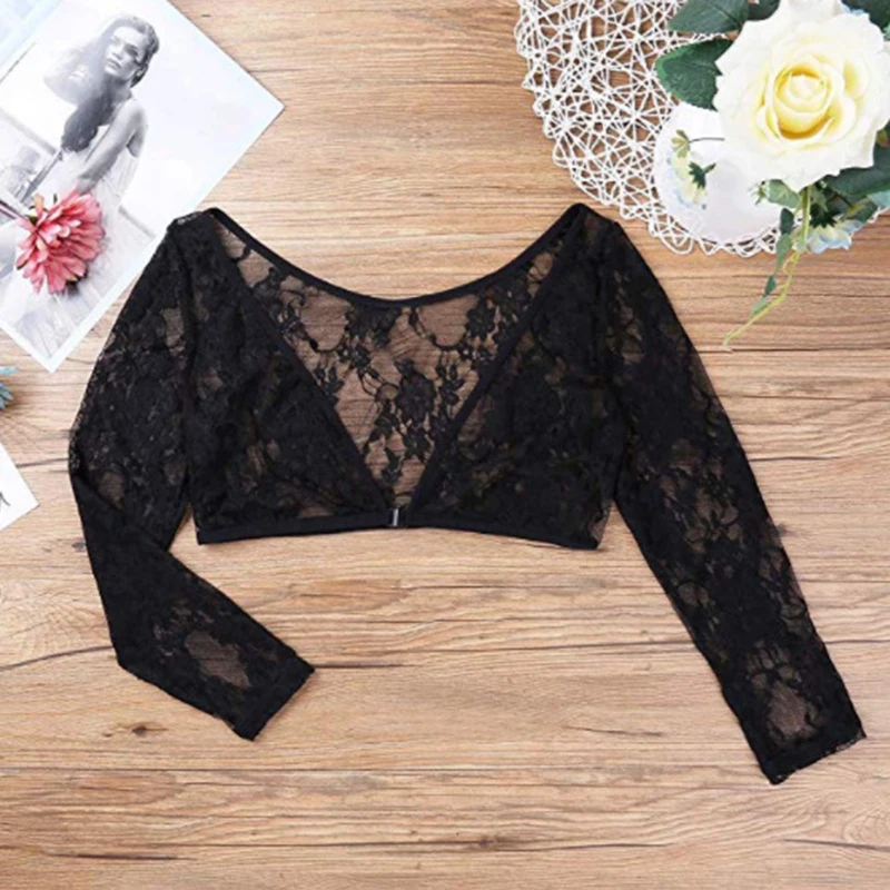 

Women Summer Blouses Long Sleeve Top Thin Perspective Shawl Shrug Tops V-Neck Mesh Lace Blouse Female Shirt