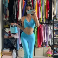 y2k streetwear sexy bandage blue suits 2000s fashion drawstring halter top and high waist flare pants 2 piece set