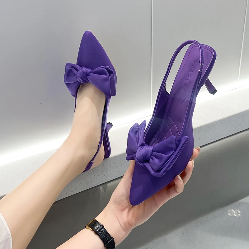 

Comfort Shoes for Women Sandals Stiletto Heels bow tie Summer Suit Female Purple Large Size New Girls Low Pointed High Black Big