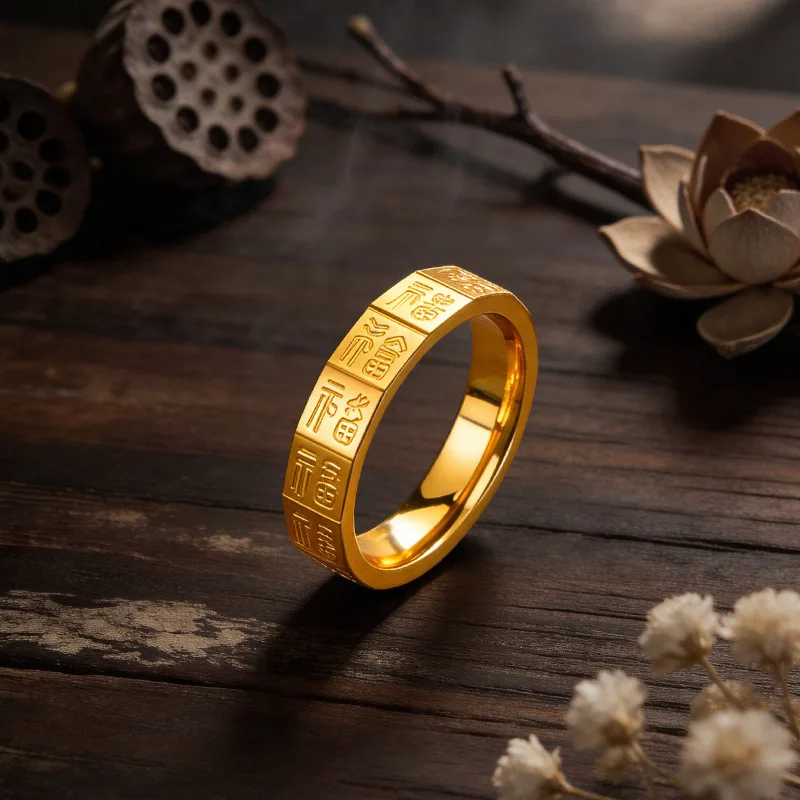Фото Женское кольцо из настоящего золота 9999 пробы 24K с граненым дизайном Seiko CNC Pfaff, в этническом стиле, универсальное, на указательный палец, подарок №1