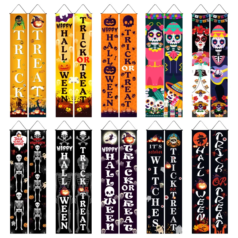 

Halloween Door Couplets Flag Pumpkin Ghost Skull Couplet Banner Ghost Festival Curtain Happy 2023 Halloween Day Door Decoration