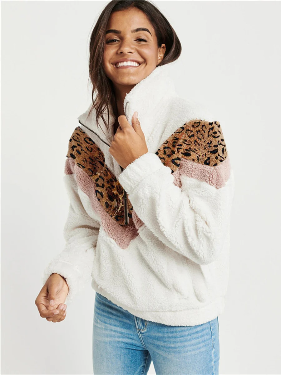 

Mandylandy Women Autumn Winter Plush Fleece Woolen Leopard Patchwork Loose Sweatshirt Hoodies Long Sleeve Turtleneck Zipper Top