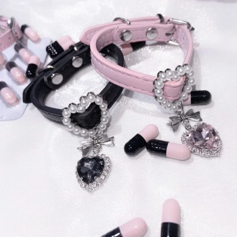 2023 Korean Fashion Sweet Crystal Pearl Love Heart Charms Bracelet for Women Girl Y2K Pink Black Leather Bangle Harajuku Jewelry