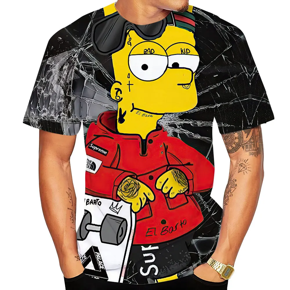 

Men's summer loose fitting short sleeved 3D printed cartoon character pattern O-neck T-shirt oversized street hip-hop men's top