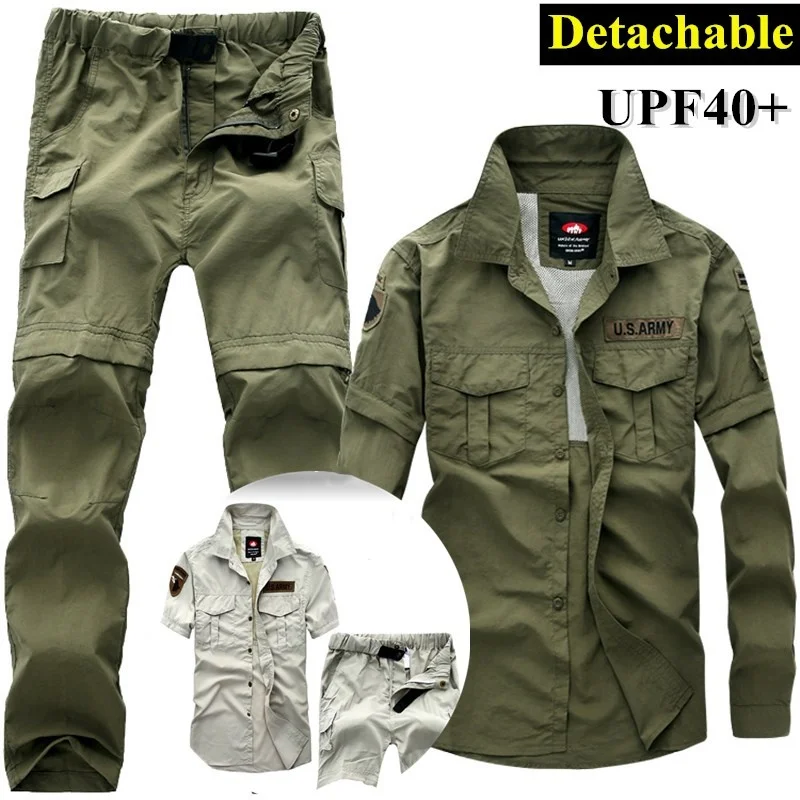

5XL Men Detachable Quick Dry Shirt Pants Suit Spring Summer Mesh Breathable Outdoor Hiking Sport Tactical Shirt Military Clothes