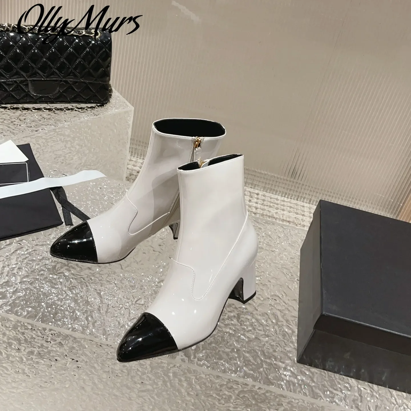 

Shoes For Women Size34-41 Patent Leather Boots High Heels Ankle Boots Autumn Designer Shoes Pointed Toe Zipper Zapatillas Mujer