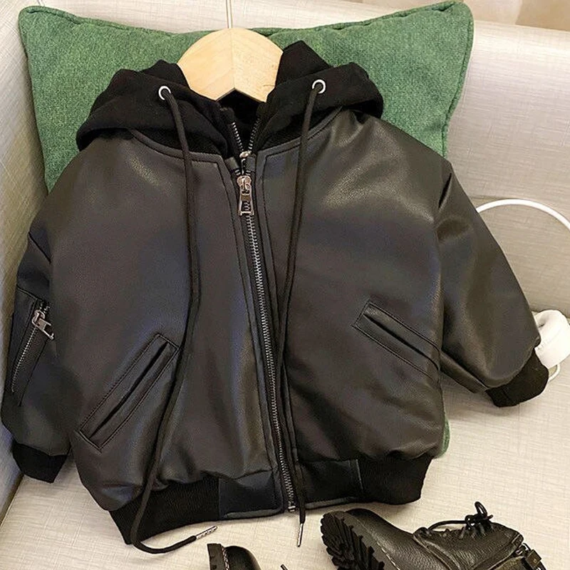 

Autumn And Winter New Boys Thickened Leather Jacket Small Children Fake Two Pieces Leather Jacket Children'S Jacket High Quality