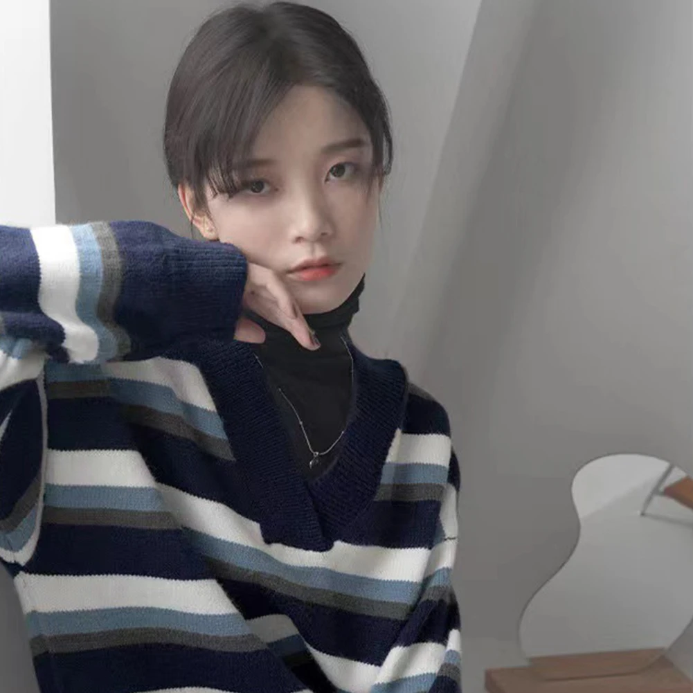 

Korean simple style V-neck striped sweater women fall and winter outer wear pullover retro Japanese lazy loose knit top