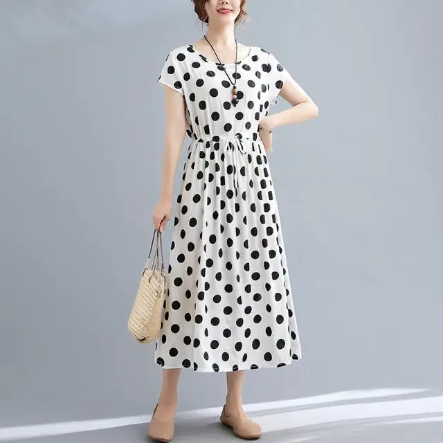 

Women 2022 Summer New O-neck Print Dresses Dress Female Short Sleeve Polka Dot Cotton Dress Ladies Loose A-line Vestidos D66