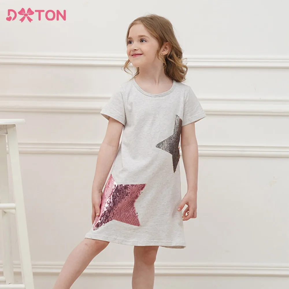 

DXTON Summer Girls Dress 2023 Star Sequin Vestidos Children Clothes Toddler Casual Short Sleeve Appliqued Dresses Kids Costume