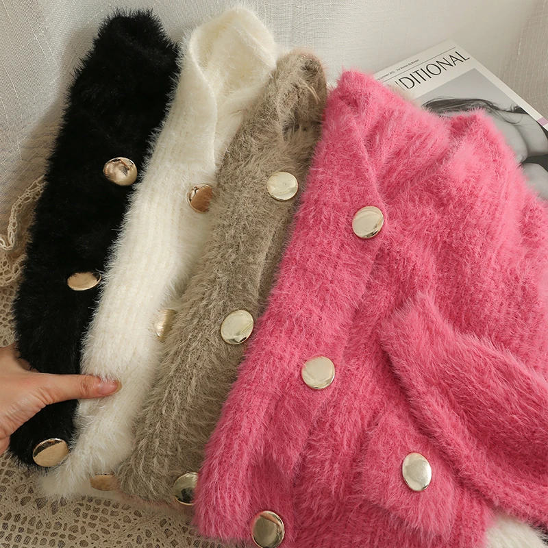 

WDMSNA 2022 New Single-breasted Knitted Cardigan Korean Low V-neck Loose Cardigans Long Sleeve Mohair Sweater Women Short Coat