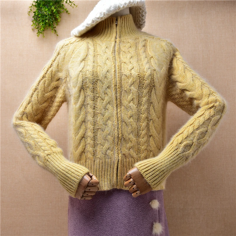 

Ladies Women Fall Winter Clothing Thick Warm Long Sleeves Short Style Turtleneck Zipper Slim Cardigan Angora Fur Coat Sweater