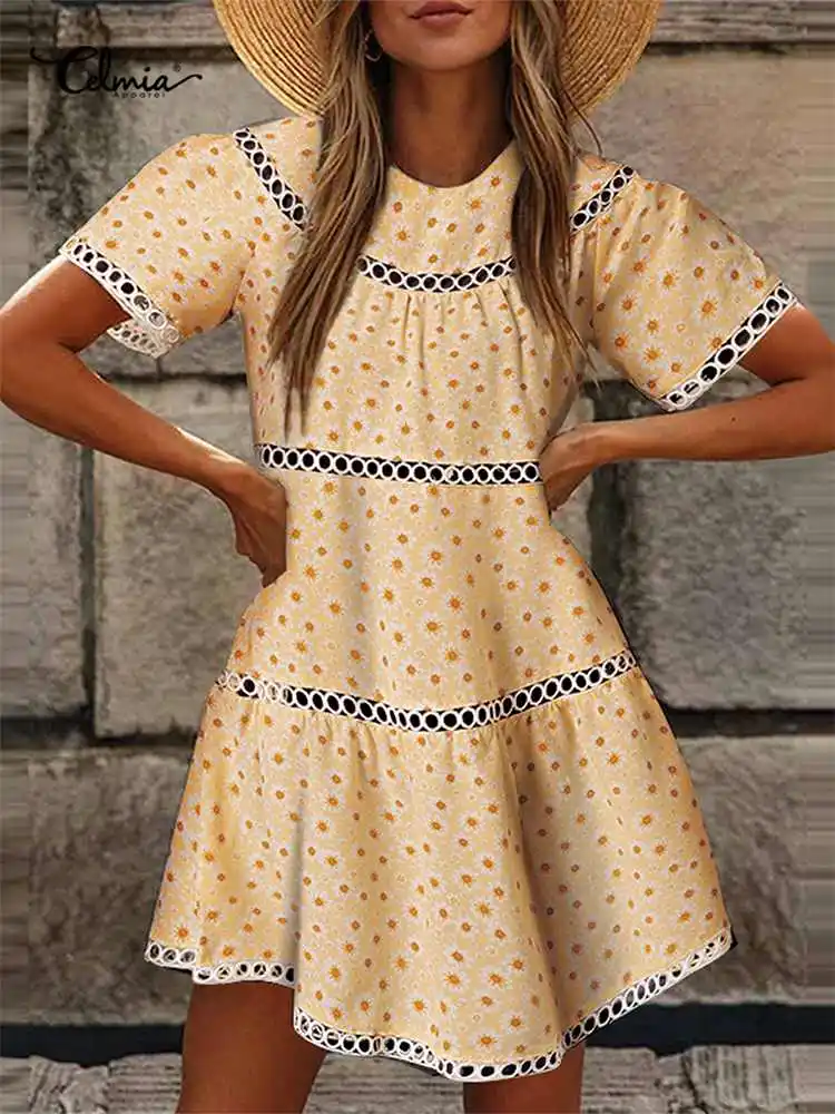 

Женское мини-платье с цветочным принтом Celmia, Элегантное повседневное богемное короткое платье с кружевом и вышивкой, с круглым вырезом и ко...