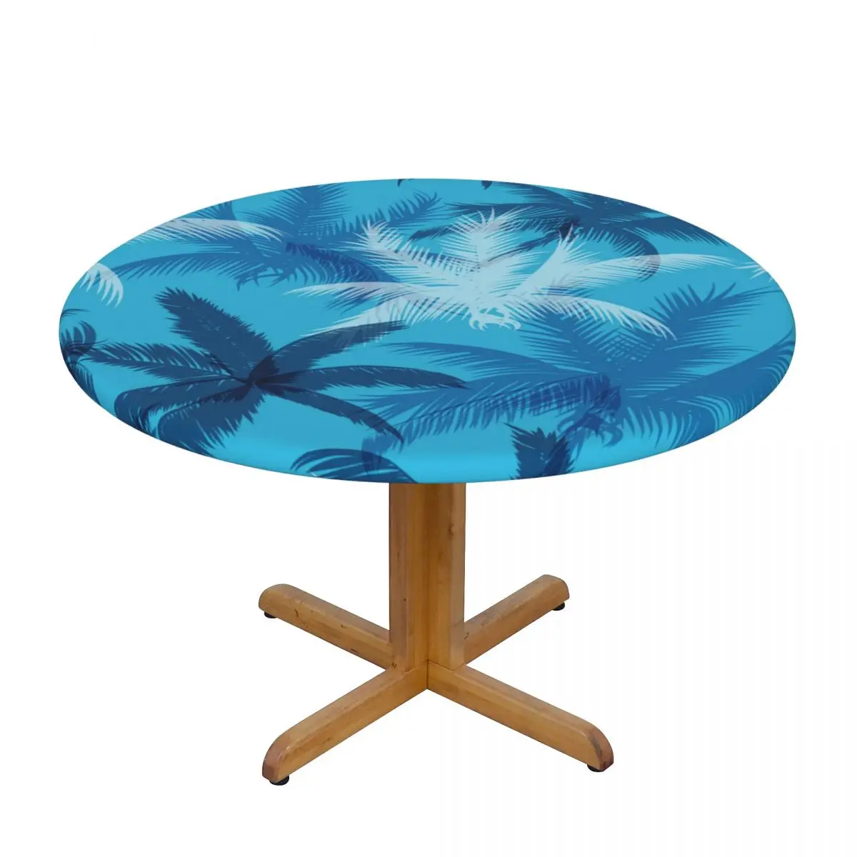 

Fitted Round Tablecloth Protector Soft Glass Table Cover Tropical Palm Leaves Blue Anti-Scald Plate Kitchen Home Tablemat