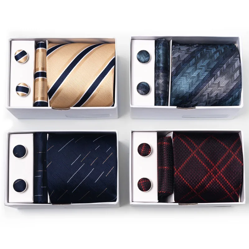 

New Tide 5pcs Set Gift Box for Men Wedding Business Jacquard Polyester 8cm Necktie Pocket Square Cufflinks Handkerchief Gifts