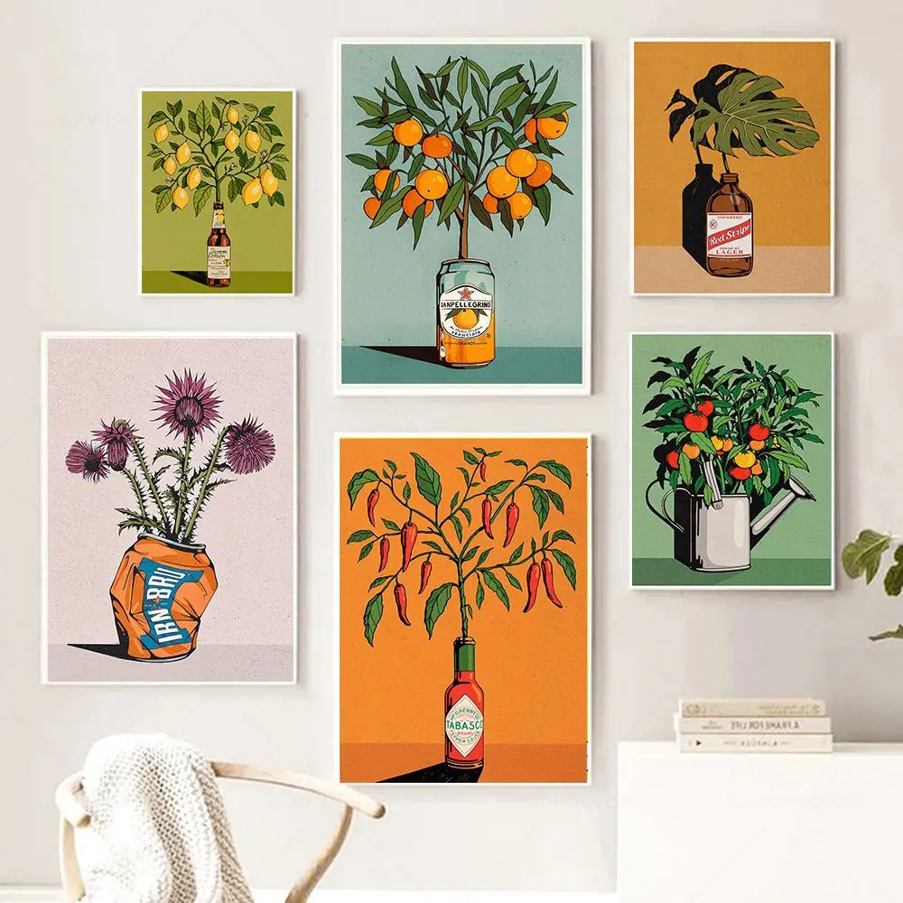 

Fruit Lemon Orange Flowers & Bottle Posters Prints Wall Art Canvas Painting For Living Room Decorative Funky Plant Decor Picture