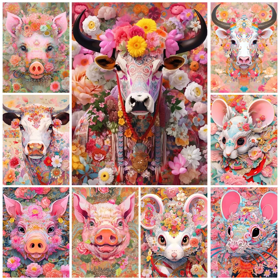 Набор для алмазной вышивки сделай сам картина с цветами поросенком коровой