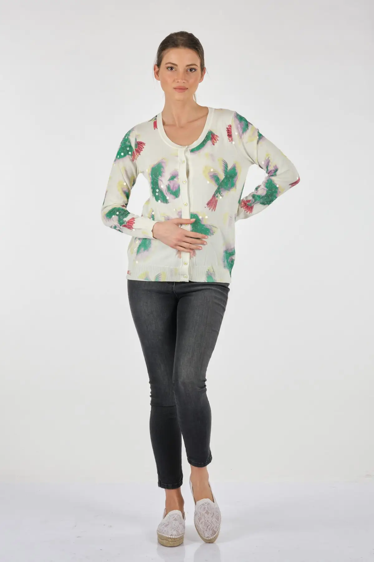 

Women's Cardigan Twomail Round Neck Sequin Long Sleeve White Casual Knitted Quality Fashion Sweaters Loose Jumper