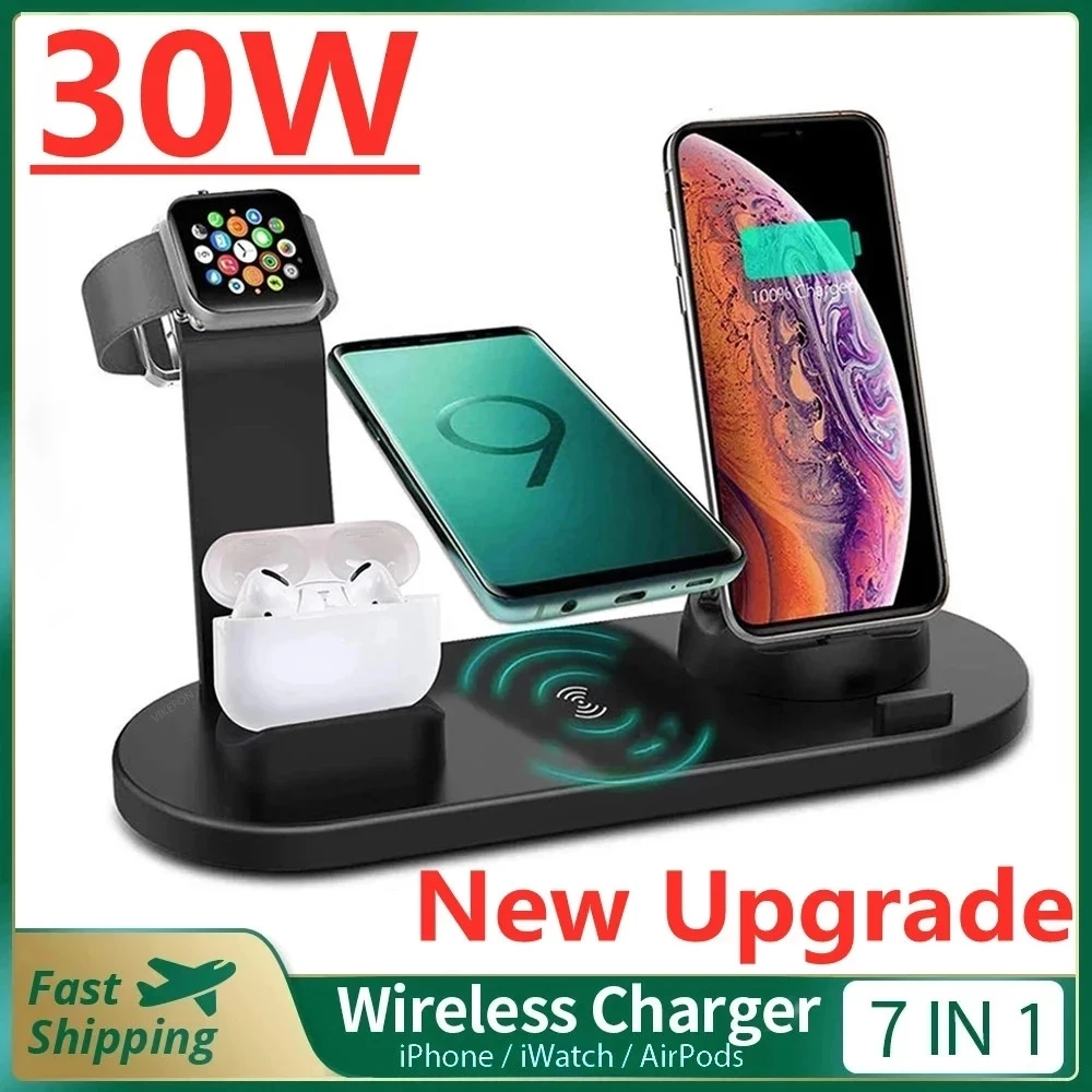 

30W 7 in 1 Wireless Charger Stand Pad For iPhone 14 13 12 X Apple Watch Qi Fast Charging Dock Station for Airpods Pro iWatch 7 6