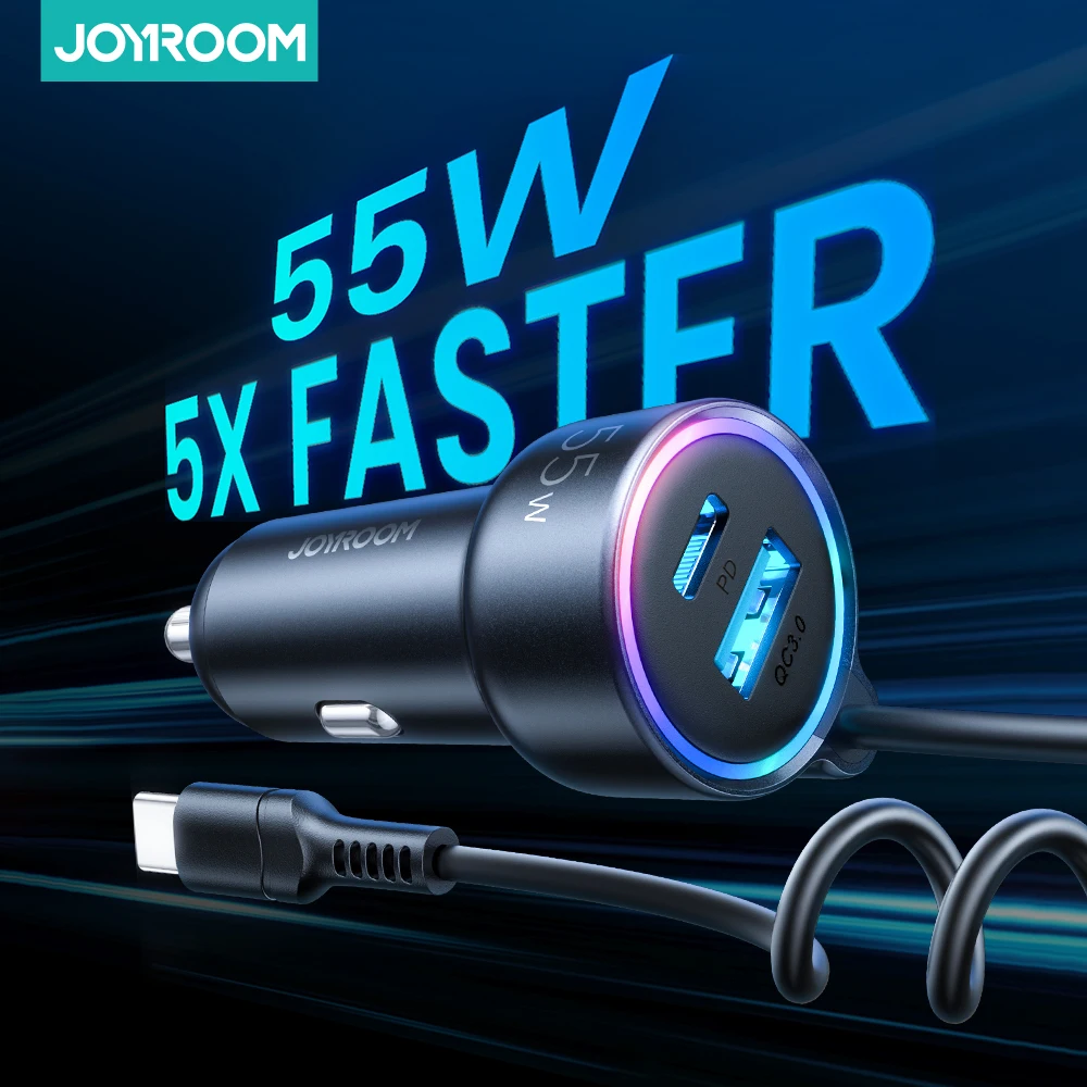 

Joyroom 3 Ports 55W Car Charger PD 20W QC 3.0 Fast Car Charger Type C USB Car Charger with 1.5m Cable for iPhone Samsung Xiaomi