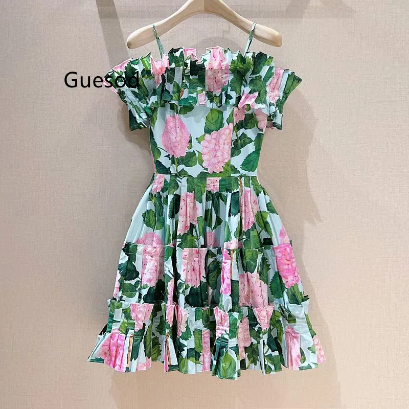

Women Cotton Dress Slash Neck 2023 Summer Poplin Hydrangea Print Green Flower Slim Waist Dress Floral Expansion Bottom New