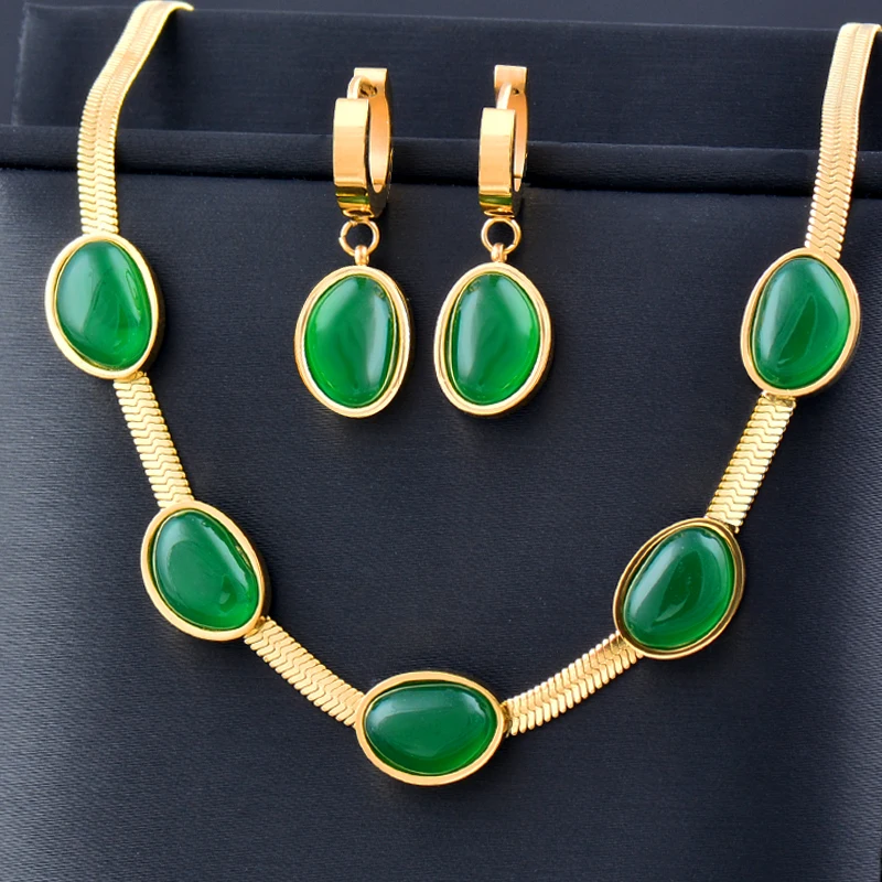 

SINLEERY Vintage Green Stone 316L Stainless Steel Necklace For Women Gold Color Choker Jewelry on the neck accessories XL935 SSK