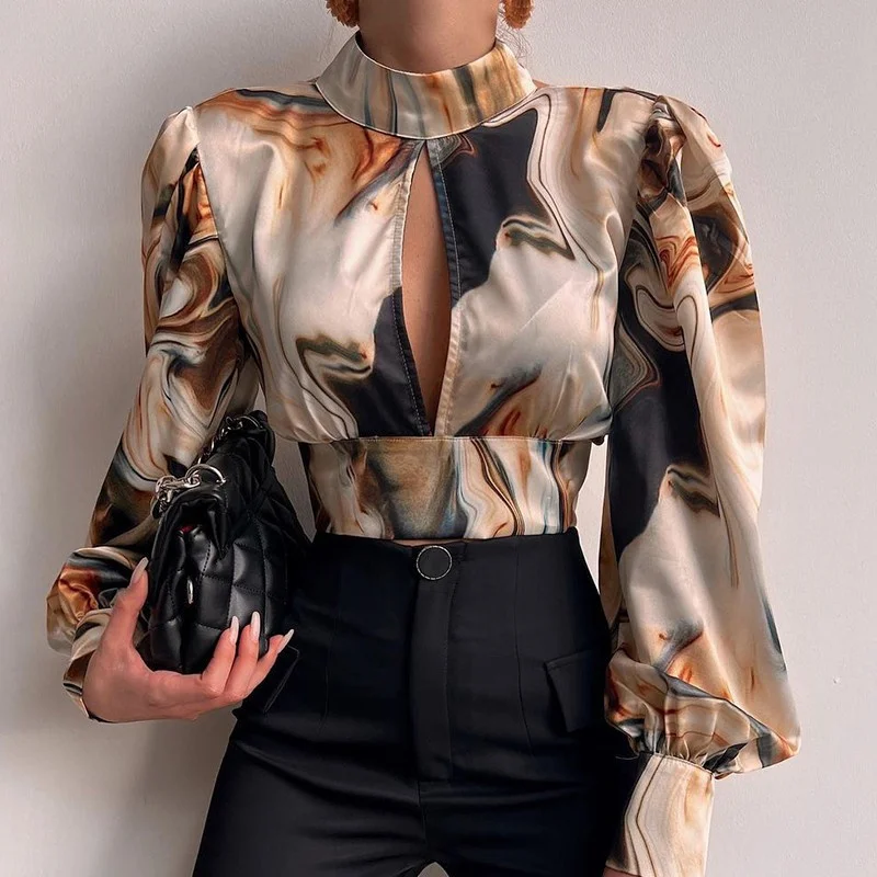 Блузка женская с воротником-стойкой элегантный пикантный пуловер открытой