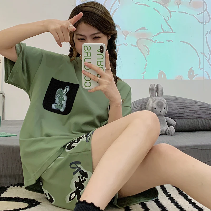 Big Size Pajamas Set for Women Summer Short-sleeved Shorts Two Piece Sleepwear Summer Plus Size Loungewear Cotton Nightwear New