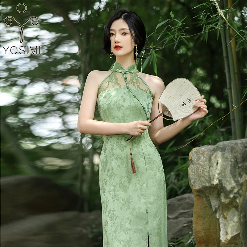 

Женское жаккардовое платье YOSIMI, светло-Зеленое Длинное Платье-Ципао без рукавов в китайском стиле, сексуальное вечернее платье, лето 2022