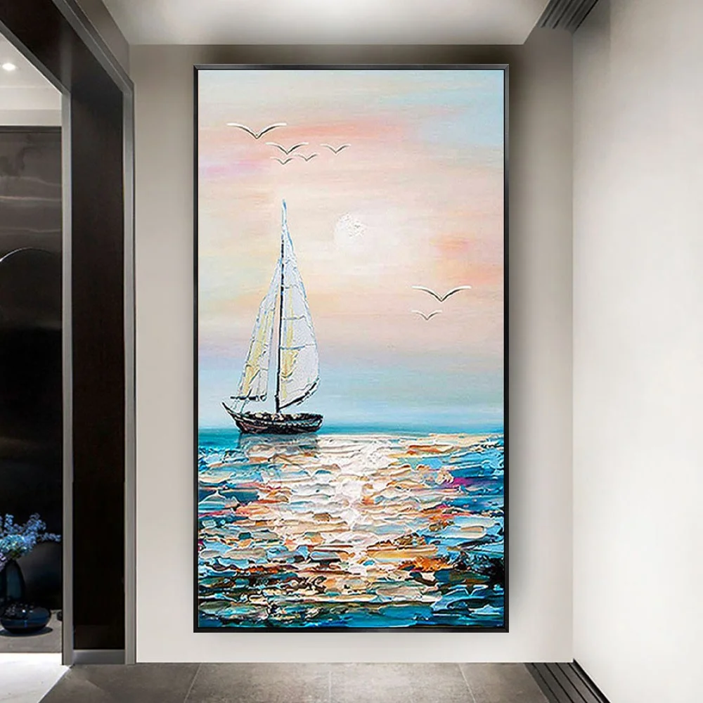 

100% Hand Painted Abstract Canvas Art sailboat modern Wall Pictures For Living Room blue orange ship Painting for Home Decor art