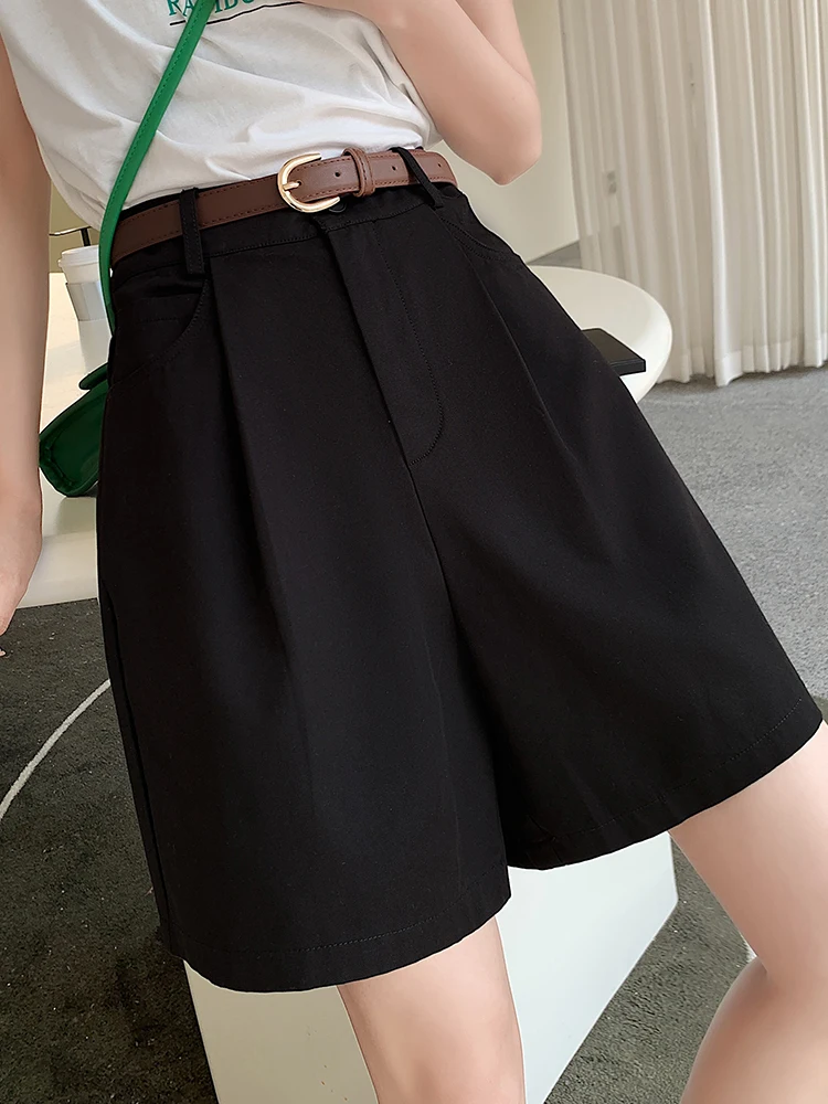 DFRCAEG 2023 Summer Bermuda Shorts For Women High Elastic Waist Wide Leg Loose Suit Pants Free Belt White Black Pink Pants Femme