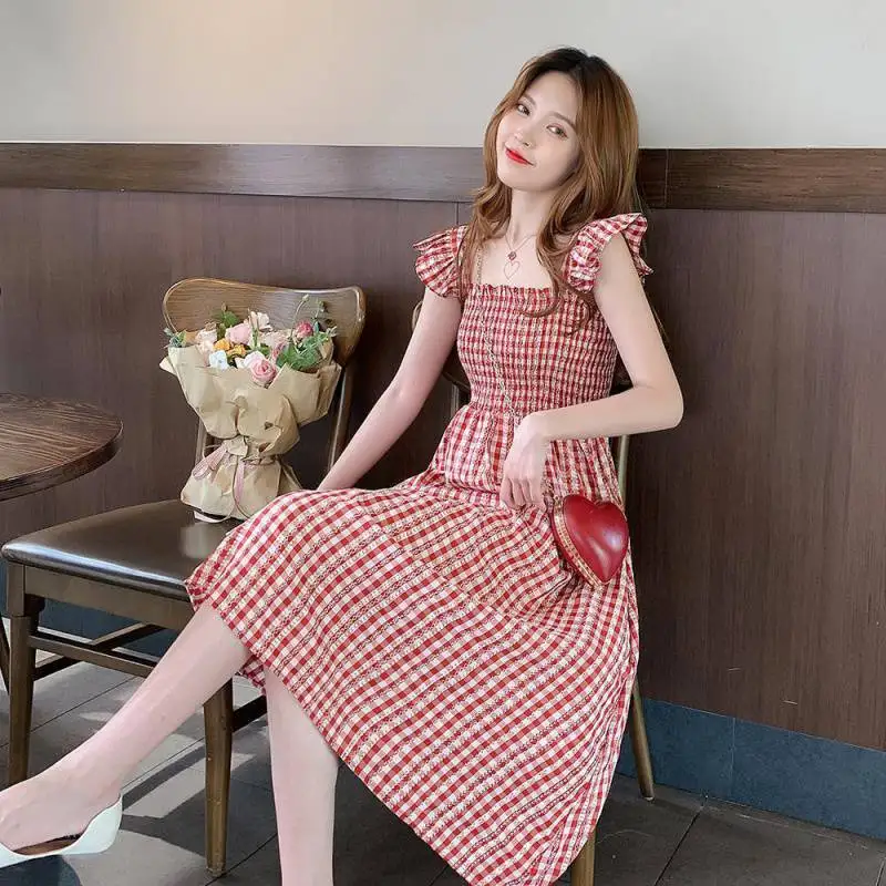 

Summer Dresses Woman 2022 Beach Style Plaid Sleeveless Square Collar Dresses Chic Elegant Dresses for Women Vestidos De Mujer