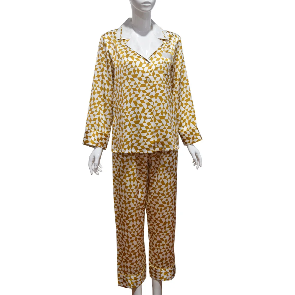 

New Fashion Silk Pajamas Women's French Retro Geometric Printed Long Sleeve Pants Mulberry Silk Home Clothes Two Piece Set