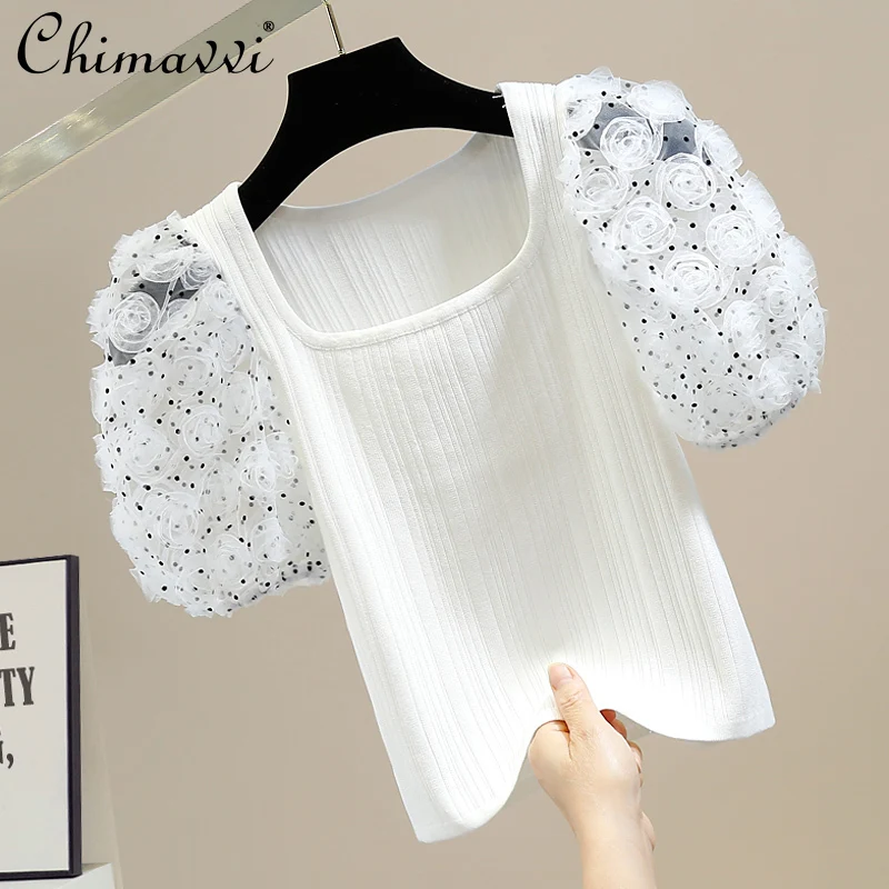 

Sweet 3D Flower Dot Mesh Stitching Puff Short Sleeve T-shirt 2022 Summer New Fashion Square Collar Slim Fit Women Knitted Tops