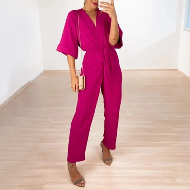 Casual Overalls for Women Jumpsuit V Neck Bandage Short Sleeves Straight Pants Playsuit Summer Lady One Piece Elegant Jumpsuits