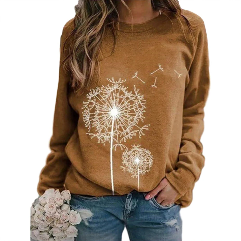 

Dandelion Print Women Sweetshirts Long Sleeve T Shirts Top Spring O-neck Casual Female Loose Hoodies Pullover Vintage Streetwear