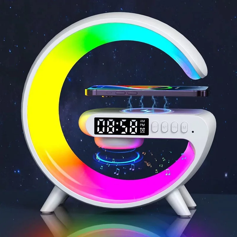

LED Dazzling Colour Ambient Light Clock Alarm Clock Wake Up Light Bluetooth Speaker Wireless Charger for iPhone Decorative Lamp