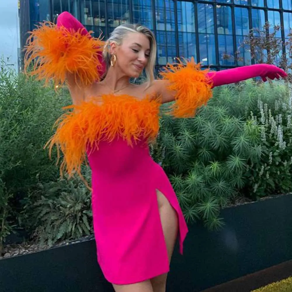 

Sexy Short Prom Dress for Women 2022 Feather Hot Pink Evening Dress Mini Side High Slit Strapless Sheath Mini Party Dresses