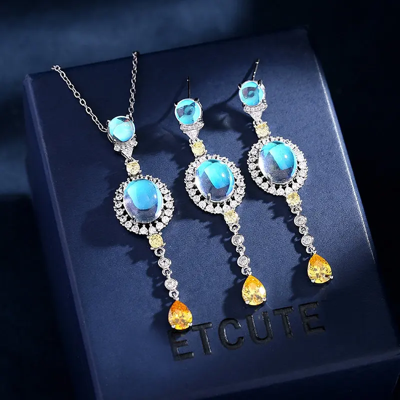 

light luxury niche design earrings clavicle chain long water drop zircon inlaid necklace moonstone jewelry set LYX012