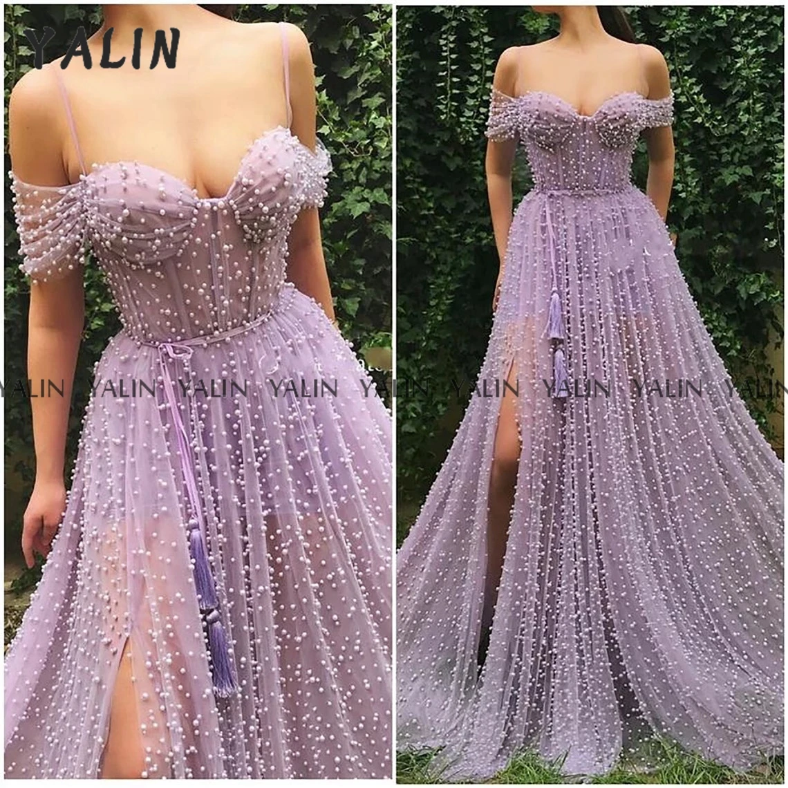 

YALIN Spaghetti Evening Grown Elegant Fairy Pearls Tulle A-line Sweetheart Prom Ball Sweep Train Lilac party dress